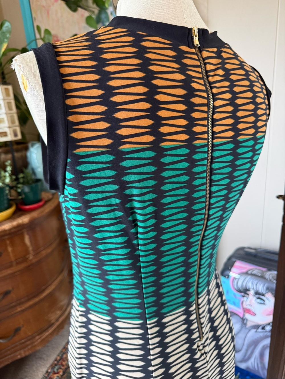 Julian Taylor Fit & Flare Dress Black Geometric Teal, Rust Cream, Size 14 - Picture 6 of 11